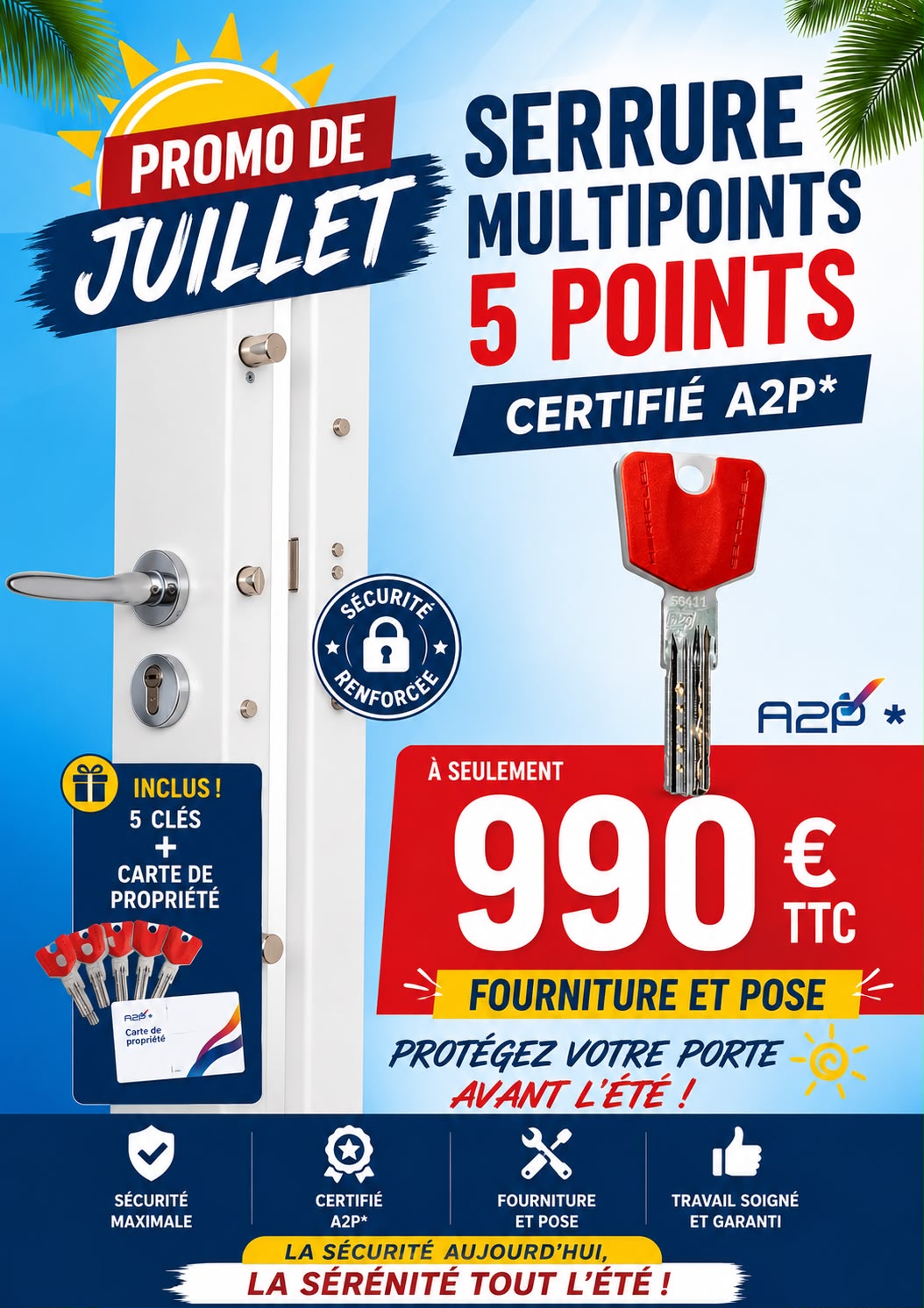 Promo Juillet 2026 : Serrure multipoints 5 points certifiée A2P à 990 € TTC fourniture et pose